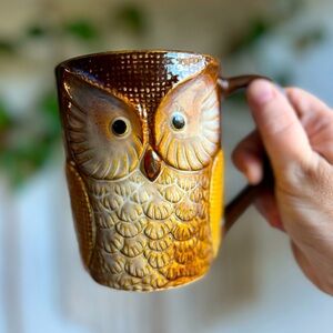 Vintage Owl Ceramic Mug Brown Glazed 3D Retro Coffee Cup Cottagecore Boho